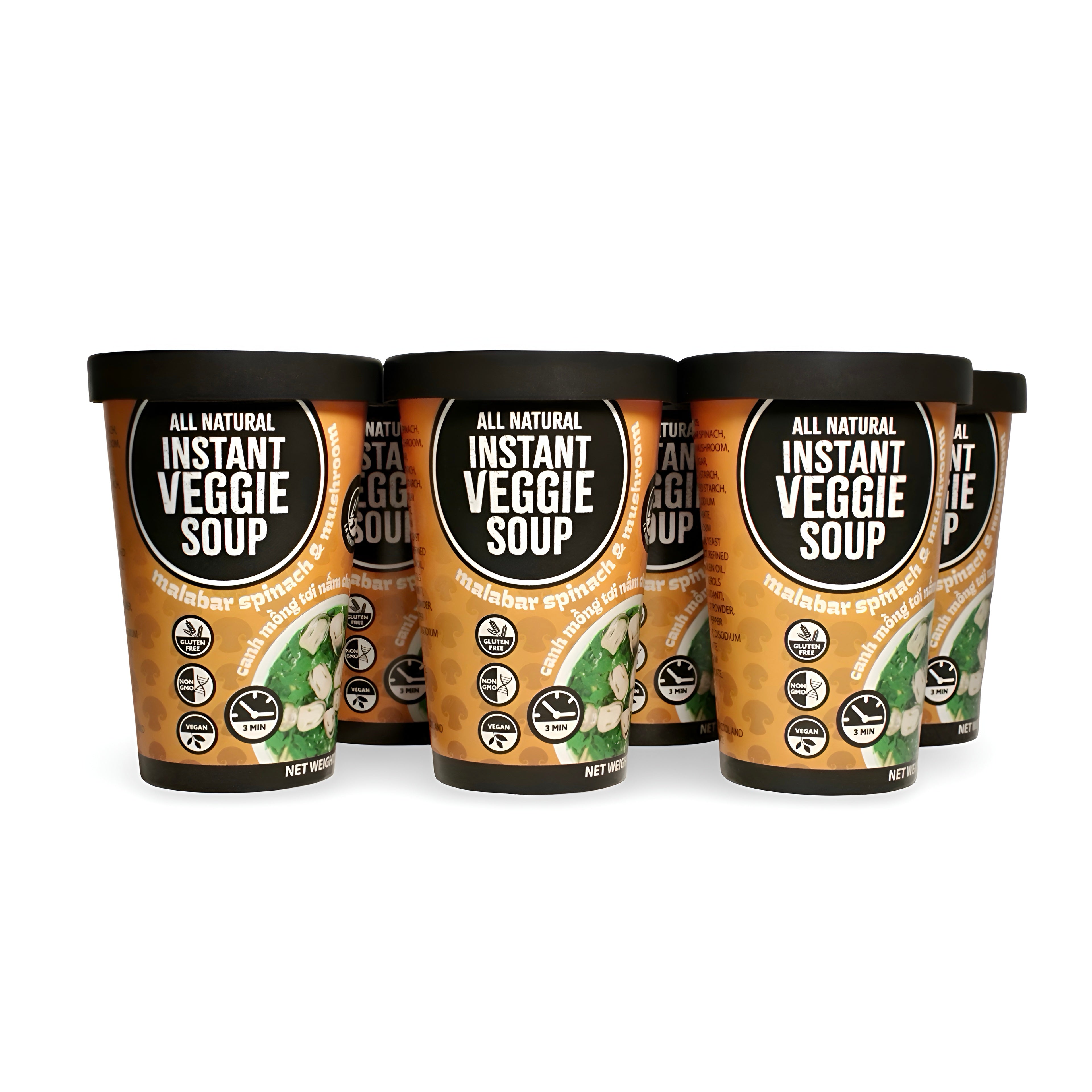 Malabar Spinach and Straw Mushroom - Instant Veggie Soup 6 Count Cup - Canh Mồng Tơi Nấm Chay